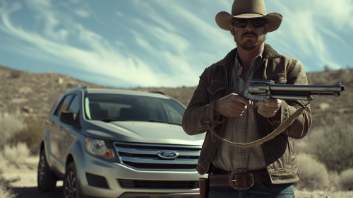 Man with Lever Action Gun in front of Silver Ford Edge Man with Lever Action Gun in front of Silver Ford Edge