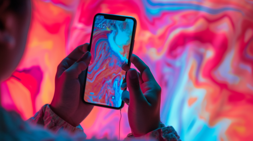 Man Looking at Phone with Trippy LSD Visuals