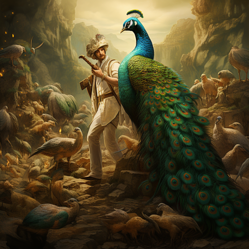 Mysterious man mining a light blue peacock