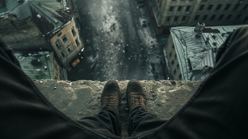 Man on ledge looking down at feet and street