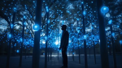 Man Standing in Park with Blue LED Balls Above
