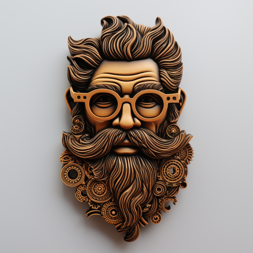Brooch of stylish man with ponytail, beard, and glasses