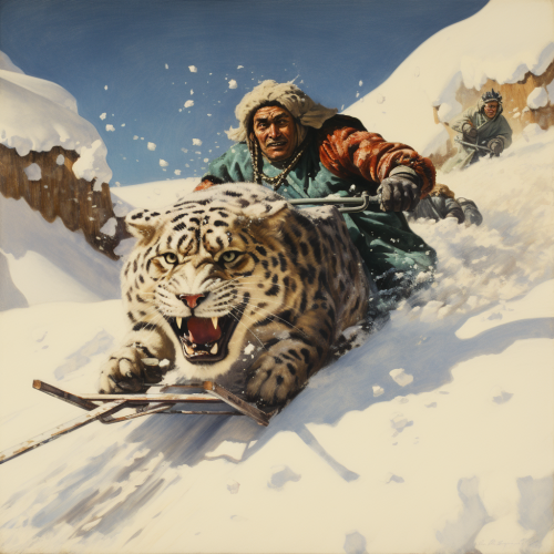 Man pulled on a sleigh by majestic snow leopards