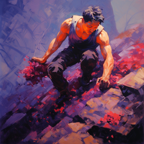 Impressionism painting of man pushing stone uphill