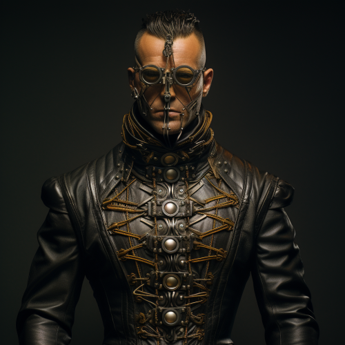 Man wearing detailed steampunk high collar shirt