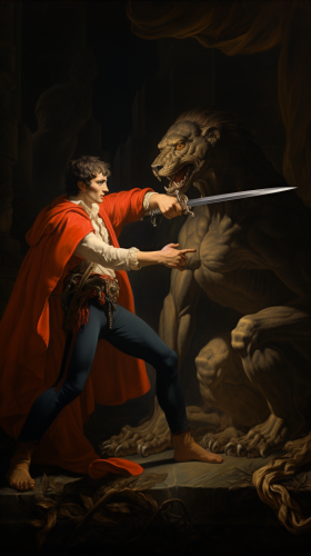Man holding fiery sword facing werewolf
