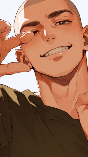 Smiling man teaching himself fingers