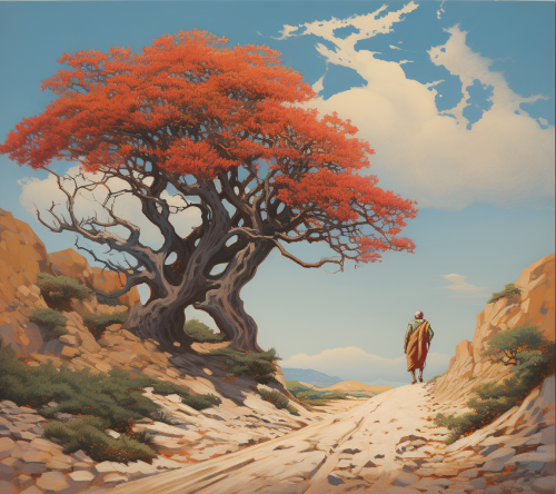 Man walking down a road with a tree Man walking down a road with a tree