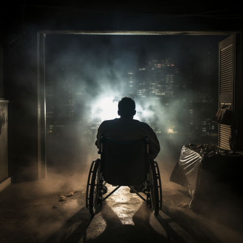 Dark scene with man in wheelchair