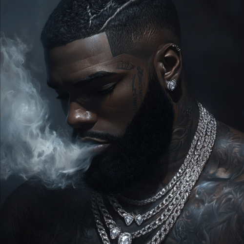 man with beard, chains, smoke, tattoos, dramatic lighting