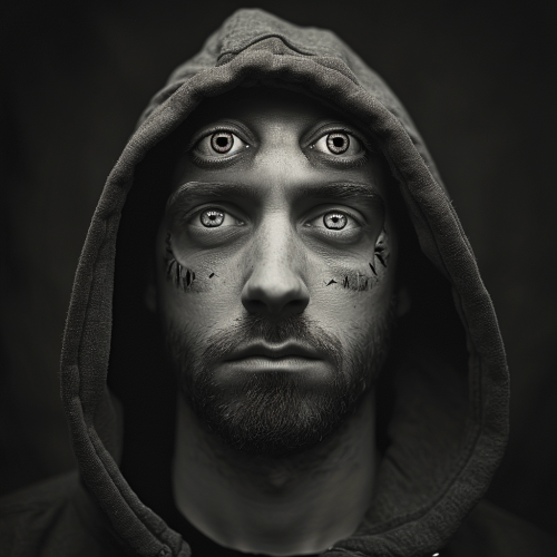 Unconventional man with no hair and five eyes