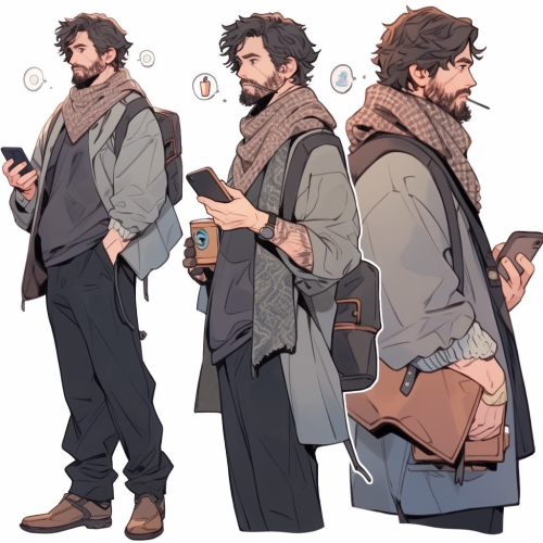 Man with unkempt hair and stubbly beard using smartphone