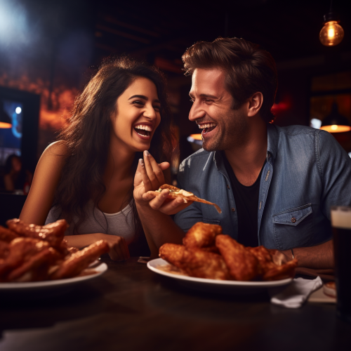 Couple enjoying saucy chicken wings