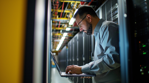 Man working on laptop with server racks background Man working on laptop with server racks background