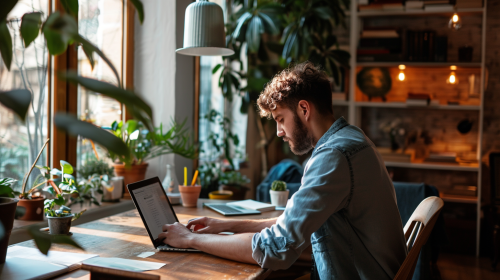 Man working on laptop with Hasselblad camera