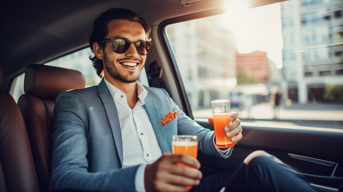 Man driving Eurovan in city traffic