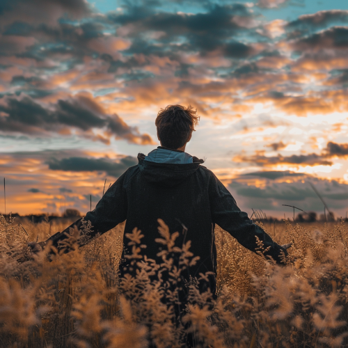 Man looking at sky with open arms