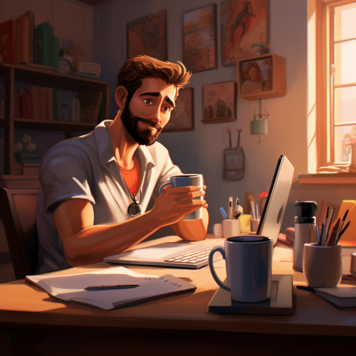 Man sitting at desk drinking coffee