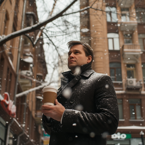 Man in Snow with Hot Coffee