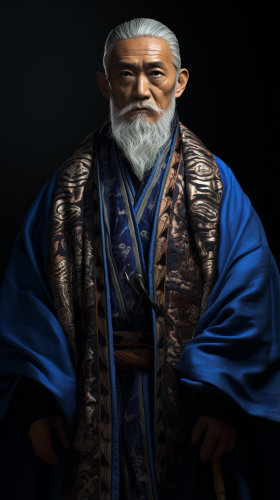 Cinematic 50-Year-Old Man with Tengu Brand Blue Cloak