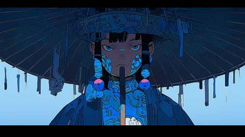 Asian samurai wearing large straw hat and beads