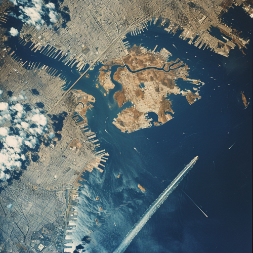 Satellite view of Manhattan Island with nearby meteor strike Satellite view of Manhattan Island with nearby meteor strike