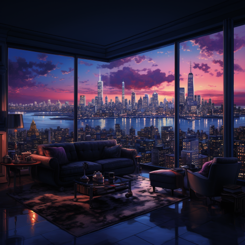 Manhattan skyline at twilight with penthouse gathering