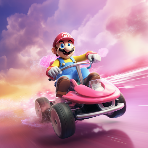 Colorful Mario Kart race on pink background with minimalistic art Colorful Mario Kart race on pink background with minimalistic art