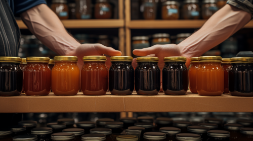 Hands in Molasses Jars on Market Shelf
