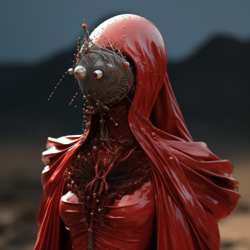 Cinematic mars alien bird with foil cloak and coral garments Cinematic mars alien bird with foil cloak and coral garments