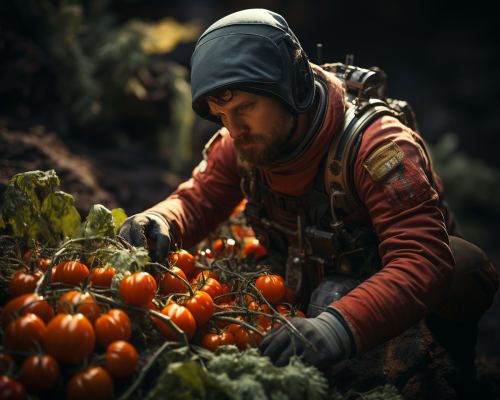 Astronaut cultivating vegetables on Mars