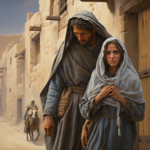 Mary and Joseph, pregnant girl, tired husband, crowded people