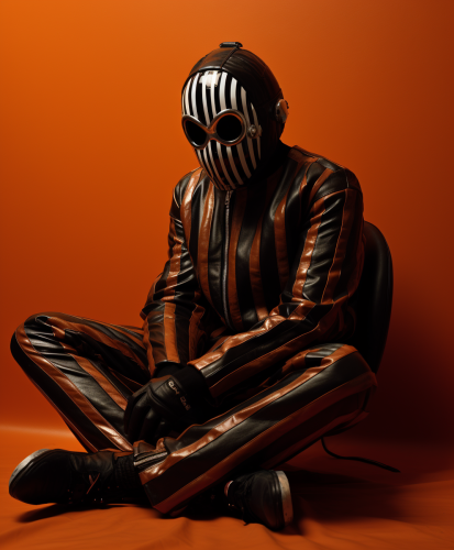 Person wearing mask and striped latex tracksuit recording on floor Person wearing mask and striped latex tracksuit recording on floor
