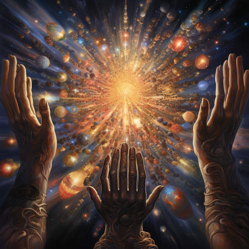 Radiant hands cradling vast universe