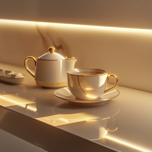 Iridescent gold coffee cup on counter