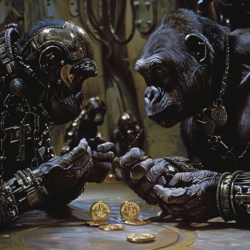 Gorillas praying to gold coin