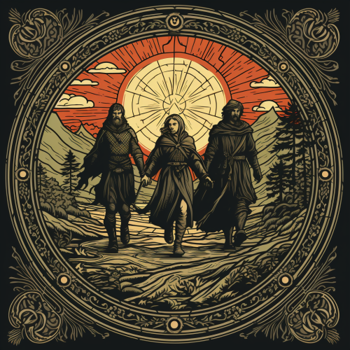 Lost medieval adventurers in woodcut style