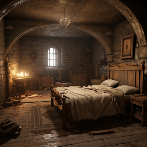 Cozy medieval basement bedroom interior Cozy medieval basement bedroom interior