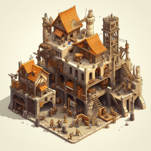Isometric medieval construction site illustration
