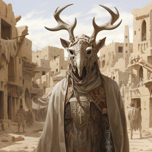 Man in medieval desert town with antlers