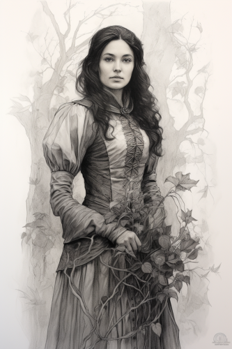 Engraved sketch of mature herbalist woman in garden