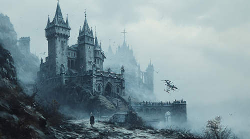 Medieval noblewoman launching flying contraption artwork