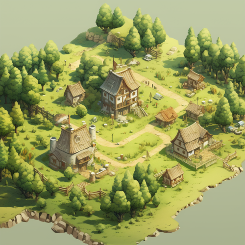 Isometric view of charming medieval settlement