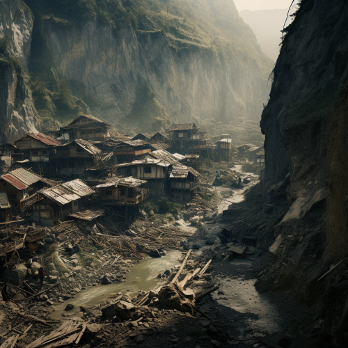 Damaged medieval village after devastating landslide
