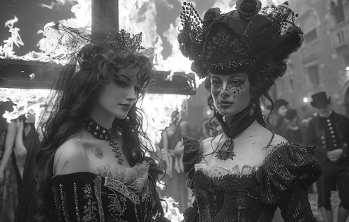 Women in Venetian dresses flirting