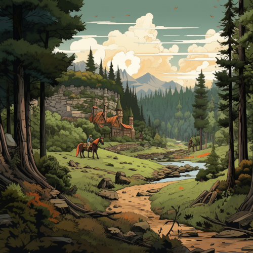 Cartoonish medieval woods at noon