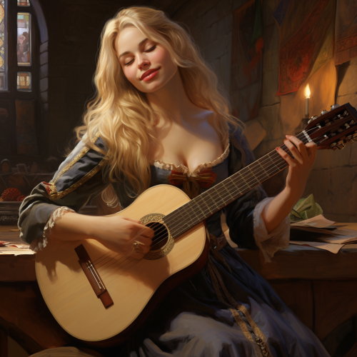 Blonde female medieval bard playing lute
