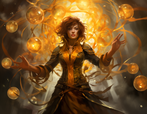 Illustration of medieval black steel armor with magical orbs