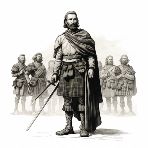 Brave clansman leading kilted clan members into battle