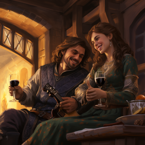 Two friends laughing with wine in front of a fireplace